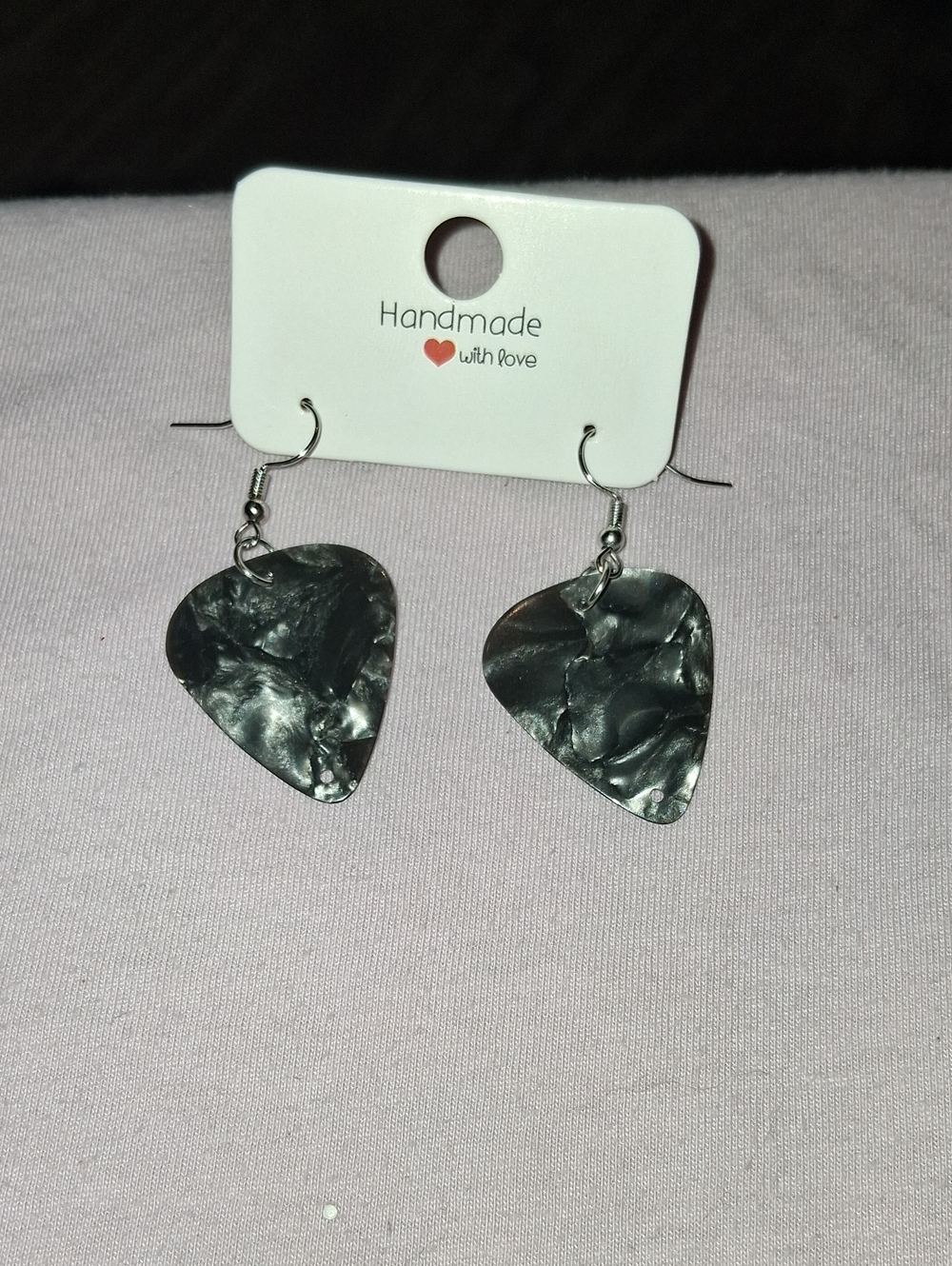 Handmade Silver Marbled Guitar Pick Dangle Earrings